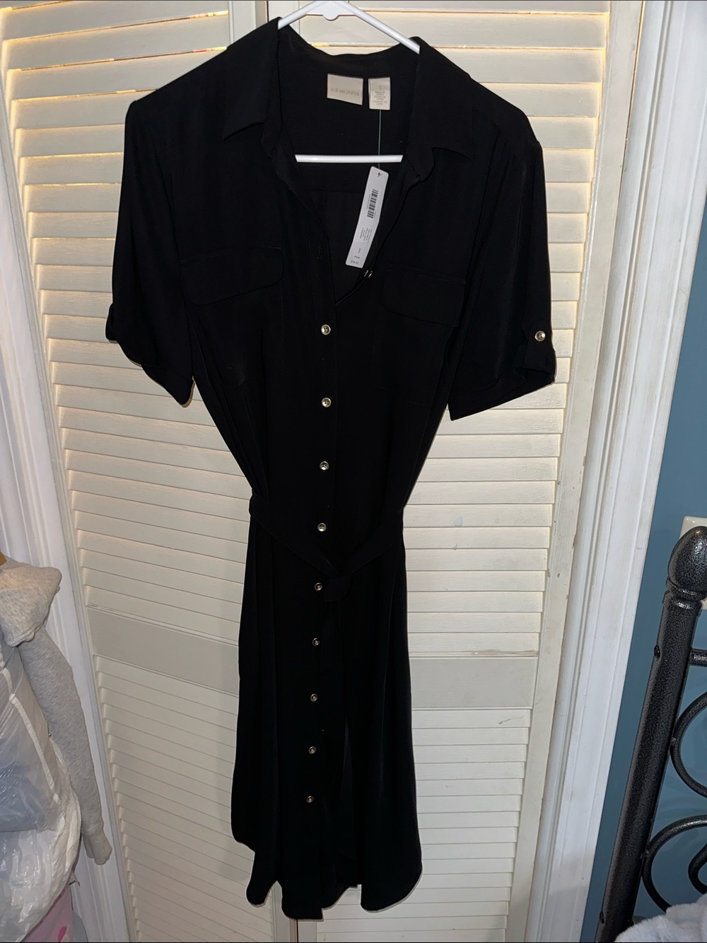 Chico's Black Button-Front Midi Shirt Dress with Tie Waist